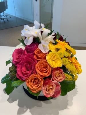 pink, orange, yellow, white floral arrangement